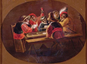 Monkeys dressed as soldiers playing cards and carousing